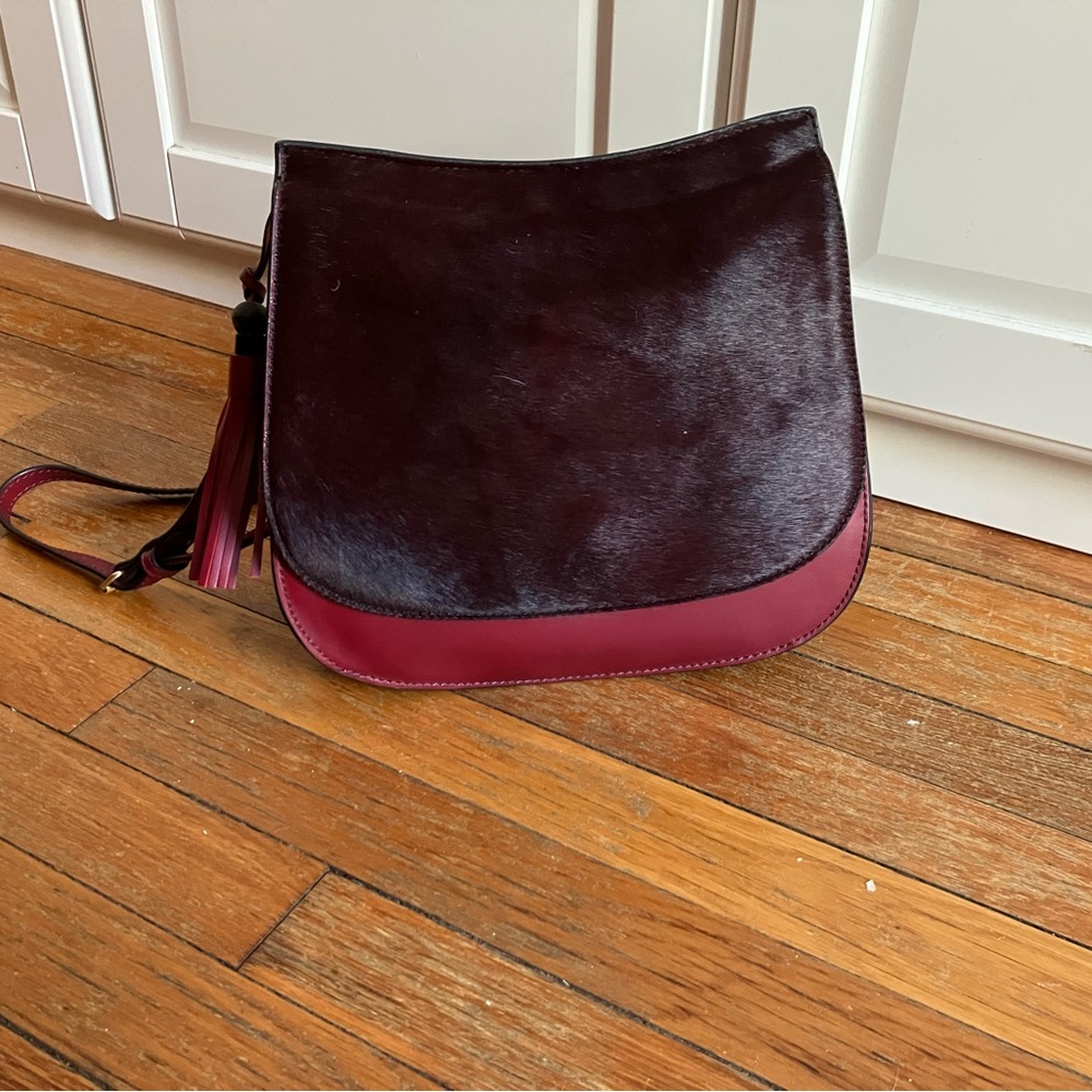 JCrew maroon leather and calfhair handbag